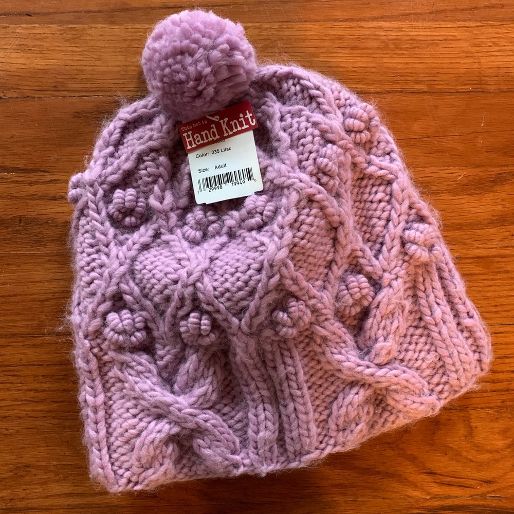 New Fu-r Cable Knit Chunky Pom Beanie Lilac OS